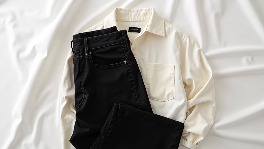 Black straight-leg jeans and cream linen shirt folded on neutral surface with minimalist styling