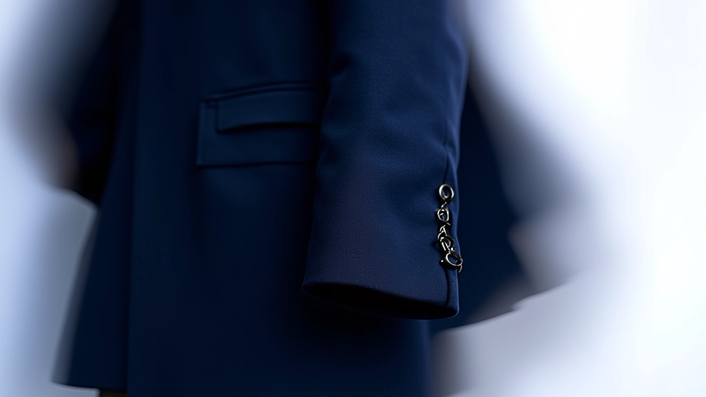 Close-up detail shot of navy wool blazer fabric showing quality weave, with tailored seam detail visible, folded neatly on light background with natural lighting emphasizing fabric texture