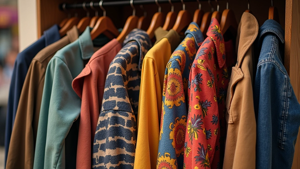 Colorful vintage jacket collection displayed on wooden rack, mixed patterns and textures, market setting with soft shadows