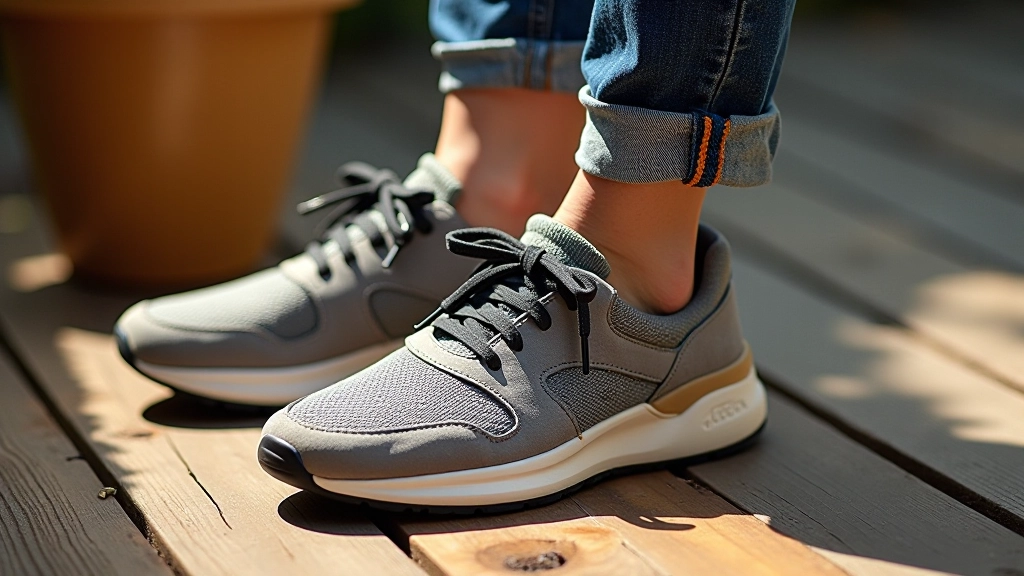 Close-up detail of thoughtfully layered weekend outfit pieces and quality trainers