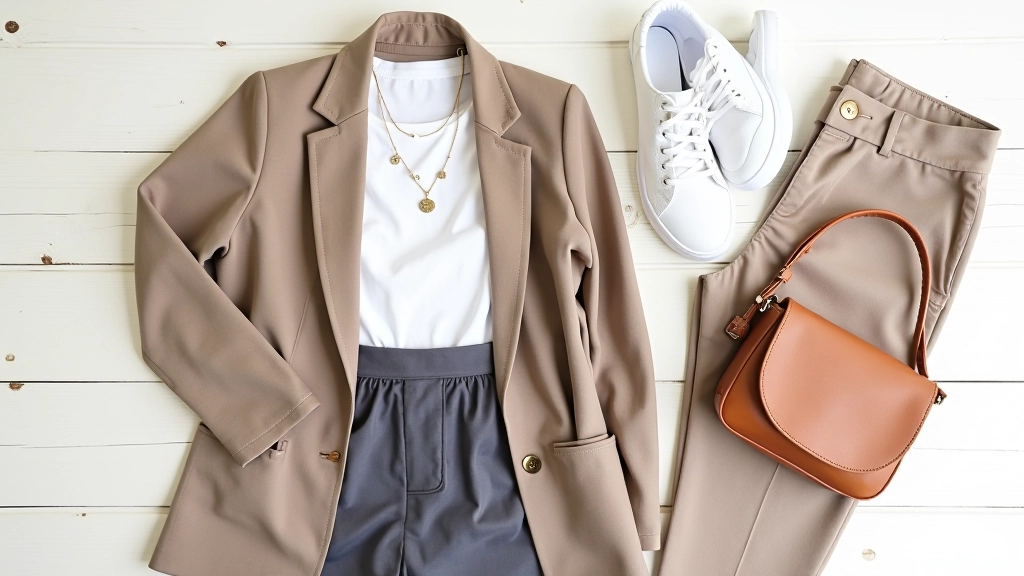 Overhead styled shot showing complete weekend outfit laid flat: navy blazer, white t-shirt, cream trousers, white trainers, tan leather bag, delicate silver chain necklace and watch arranged artfully on light wood surface