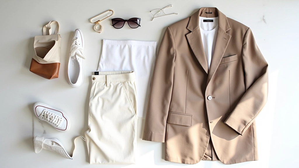 Flat lay composition showing navy blazer, white cotton t-shirt, cream linen trousers, white leather trainer shoes, tan leather messenger bag, silver chain necklace, and small watch arranged on marble surface with morning light