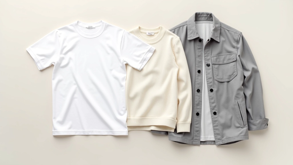 Flat lay arrangement showing five base wardrobe pieces in neutral colors - white tee, cream sweater, grey knit, button-up shirt, and structured jacket neatly arranged on light surface