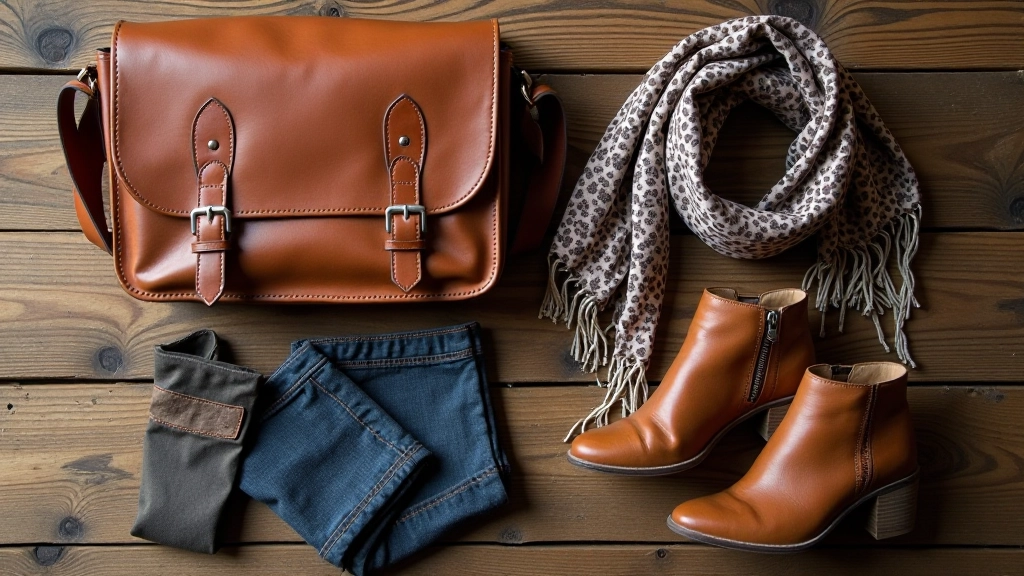 Colorful vintage clothing items arranged flat lay on wooden surface