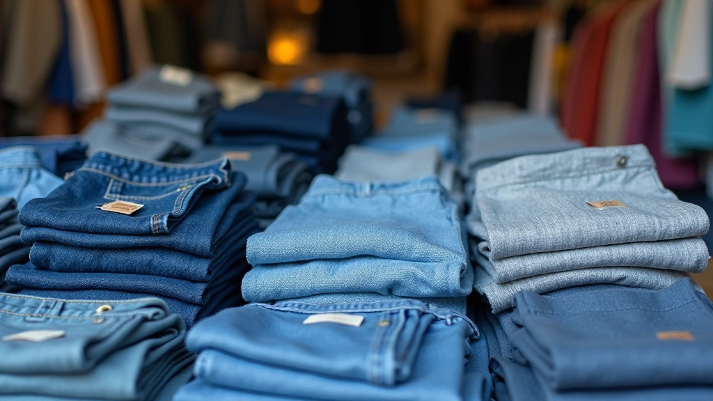 Close-up of folded vintage jeans and sweaters in blue and grey tones at market stall, organized display, natural lighting