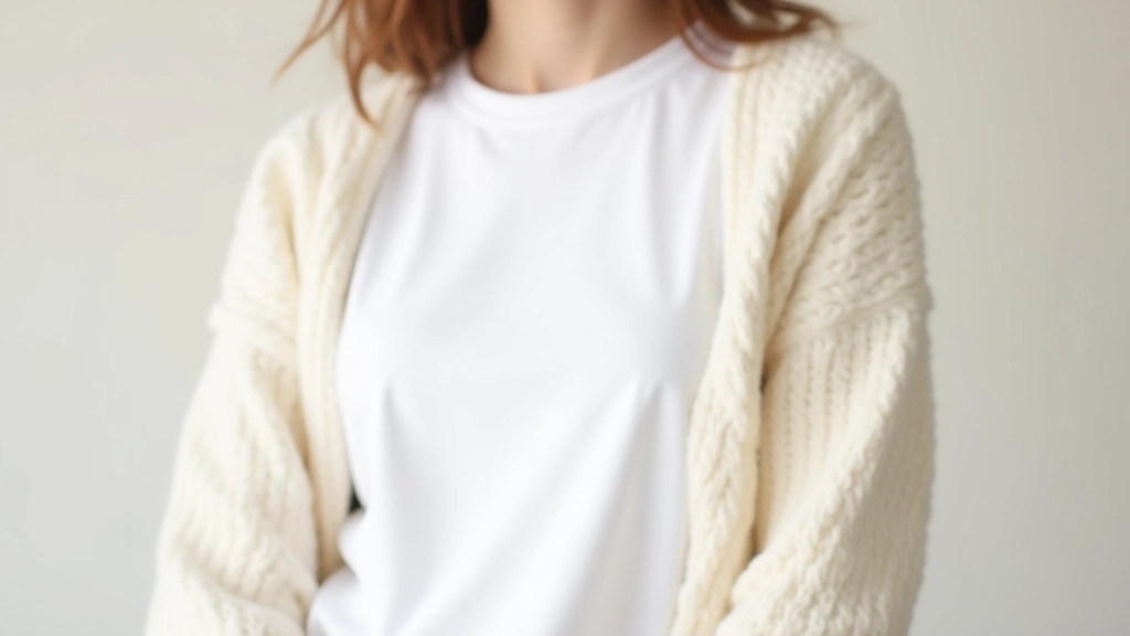 Close-up detail shot showing layered textures of knit sweater over fitted tee, demonstrating fit progression and fabric contrast on neutral background