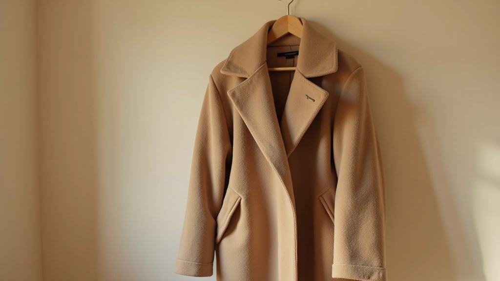 Oversized wool coat hanging on a coat rack with neutral interior background