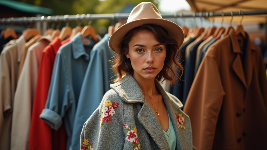 Vintage clothing racks with colorful garments at a pop-up market in Vilnius, natural daylight, close-up detail of textures and hangers