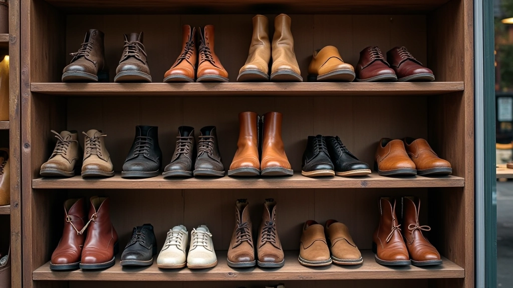 Organized display of vintage shoes and accessories on wooden shelves at thrift market, various styles and colors arranged neatly