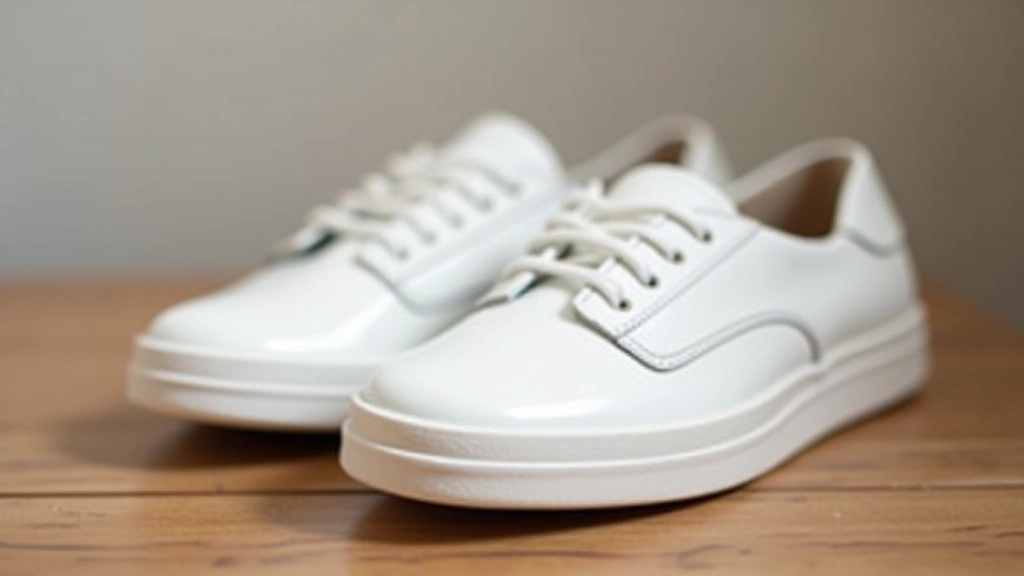 White leather trainers on wooden floor with neutral background, clean product photography