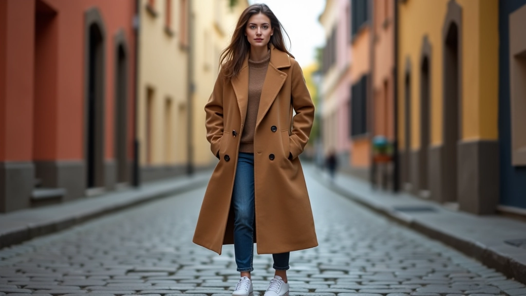 Woman in casual streetwear with white trainers and oversized coat on cobblestone street in old town