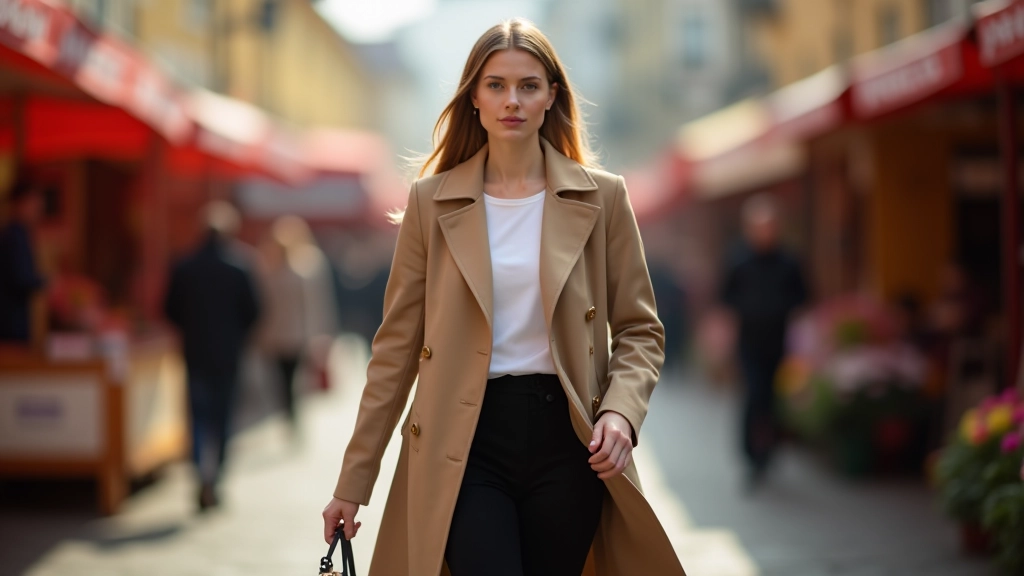 Woman in sophisticated streetwear combining tailored elements with casual trainers on city street